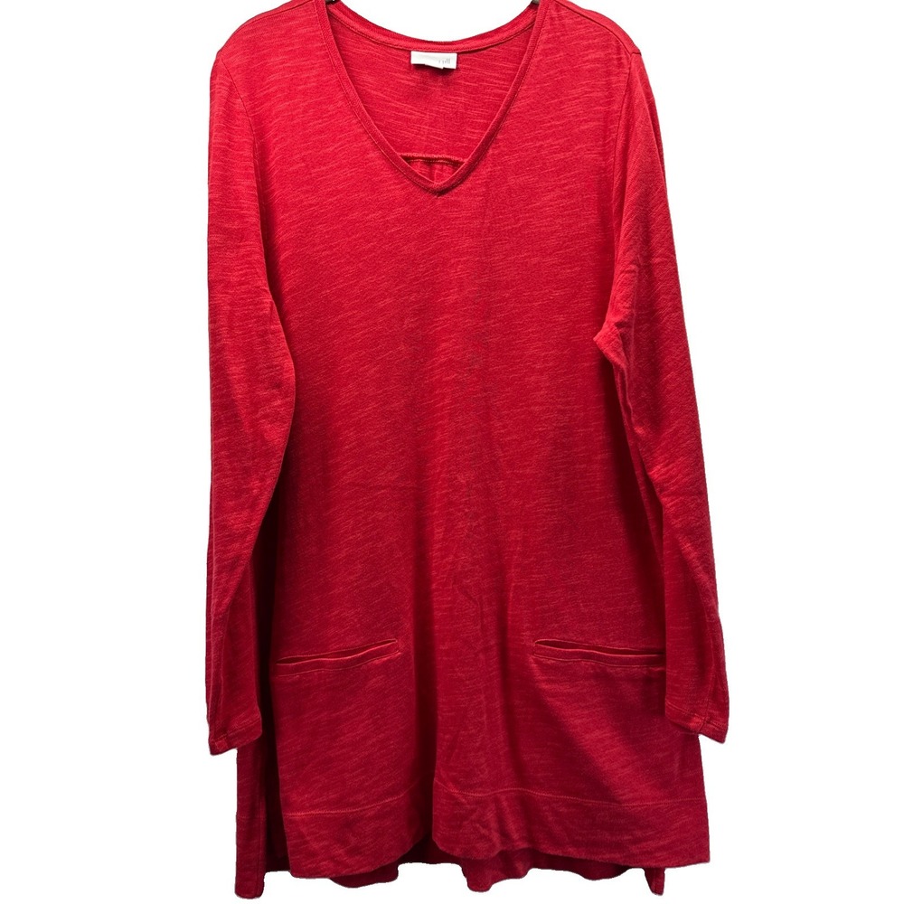 J Jill Women's Tunic Top Sz Large Solid Red Long Sleeves Pockets Pullover V Neck